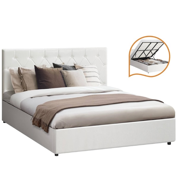 Oikiture Bed Frame Queen Double King Single Gas Lift Storage Base White Leather King