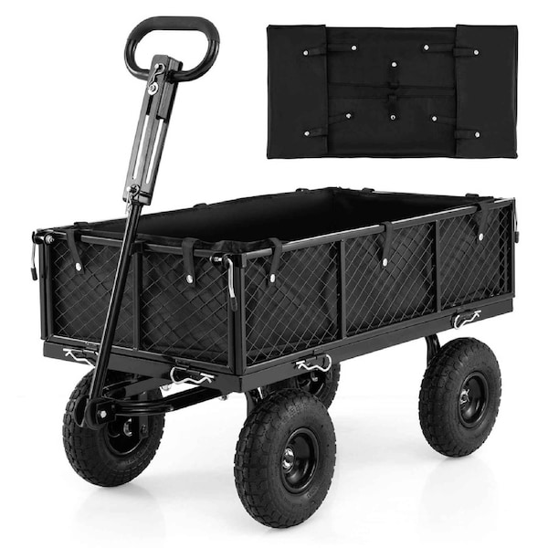 Costway Heavy Metal Garden Cart 400KG Utility Wagon Flatbed Liner Mesh Side Handle All-Terrain 26CM Pneumatic Tire