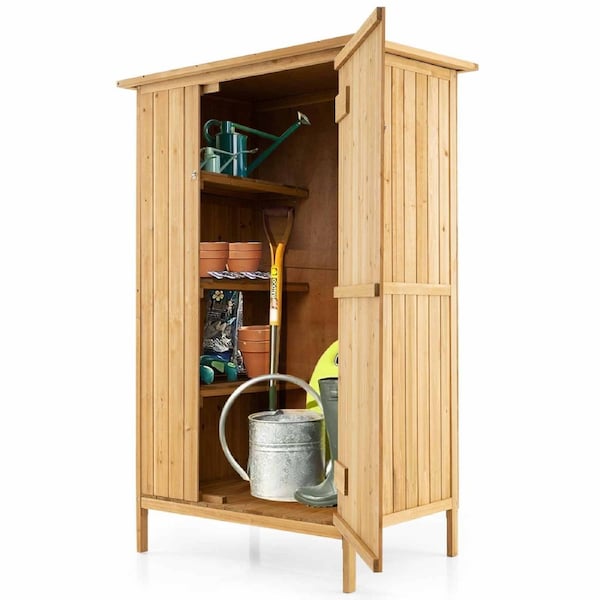 Costway Wood Garden Shed Outdoor Storage Utility Tool Organizer Cabinet Asphalt Roof 3Shelf Lockable Door 5Hook 150x91CM