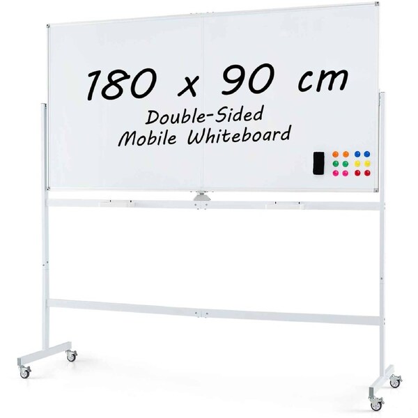 Costway Rolling Whiteboard 180x90cm Double-Sided White Board Stand Wheels Aluminum Alloy Frame Eraser 6 Marker
