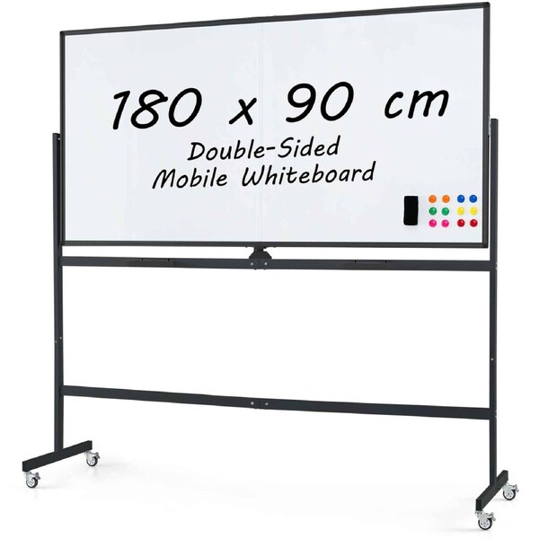 Costway Rolling Whiteboard 180x90cm Double-Sided White Board Stand Wheels Aluminum Alloy Frame Eraser 6 Marker Black