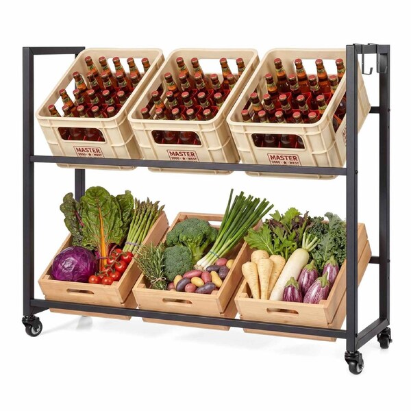 Costway 2Tier Drink Crate Rack Rolling Metal Storage Shelf 2Tilt Adjustable Beer Water Soda Bottle Beverage Kitchen Bar Shop