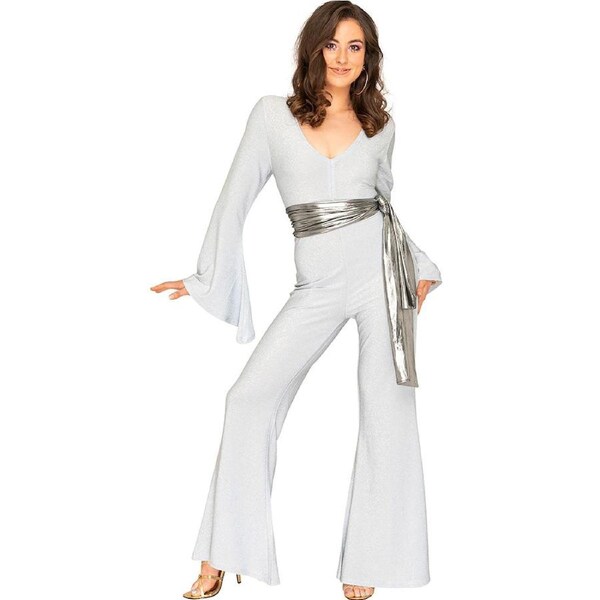 Night Fever Silver Sparkle 70s Womens Jumpsuit Medium
