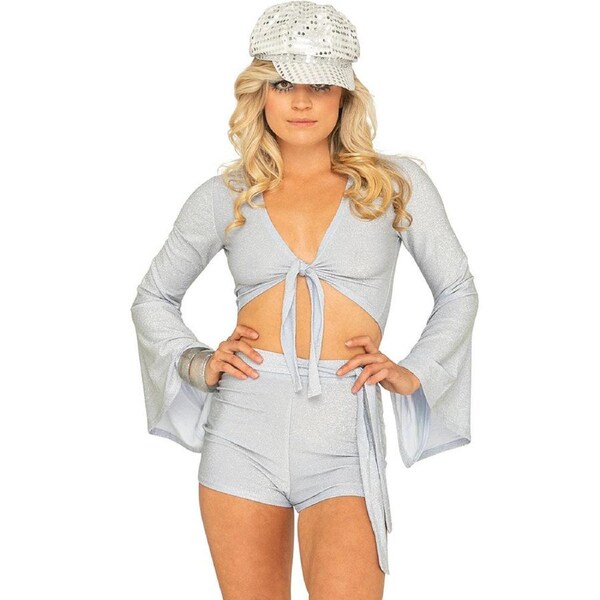 Shake It Silver Sparkle 70s Womens Tie Front Shirt Small