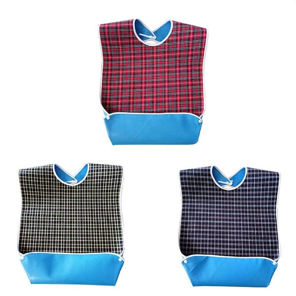 3pcs Large Washable Adult Bib Plaid Print for Elderly Senior Disabled