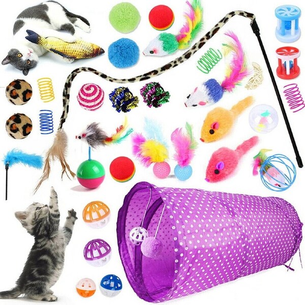 33pcs Cat Toy Assortment Rod with Fur Mice and Bells Catnip Included