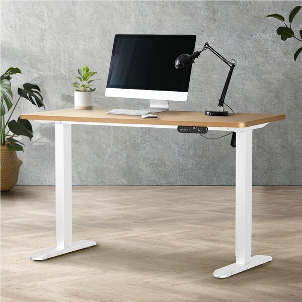 Oikiture Electric Standing Desk Single Motor Black Frame 140CM Tabletop White&OAK