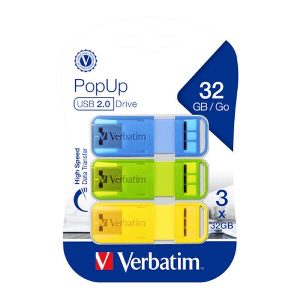 POP-UP USB 2.0 32GB TRIPLE PACK - ASSORTED BRIGHT COLOURS
