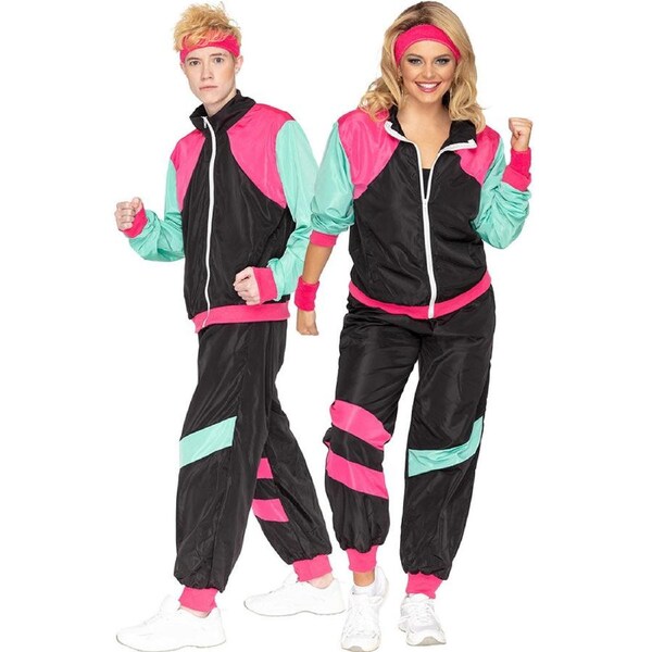80s Black and Pink Deluxe Tracksuit Adult Costume Medium
