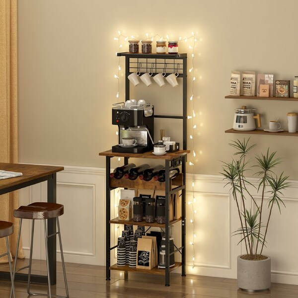 Advwin Kitchen Bakers Rack with Power Outlet 5 Tiers Microwave Stand Kitchen Storage Shelf 48*36*141cm Rustic Brown