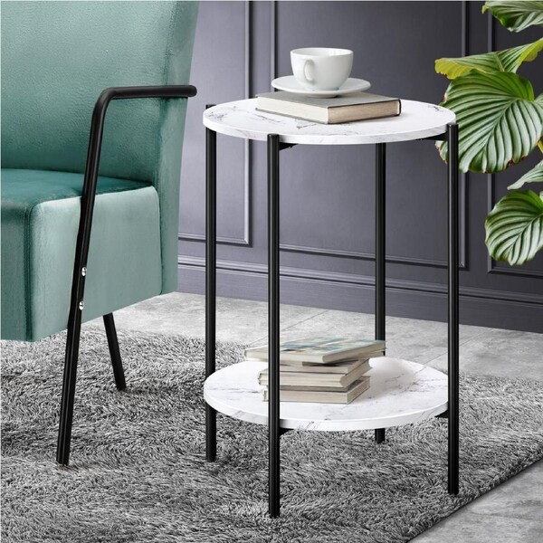 Oikiture Side End Table Coffee Sofa Bedside Nightstand Round Dual-Tier Black