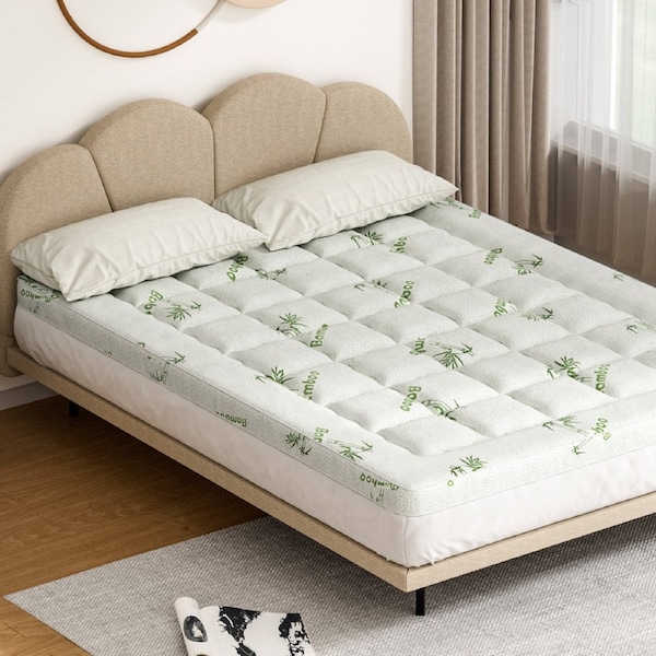 Pillowtop Mattress Topper 7.5cm Thick Bamboo Pad for Back Pain Relief Washable Skin-friendly Bed Protector with 45cm Deep Pocket Queen