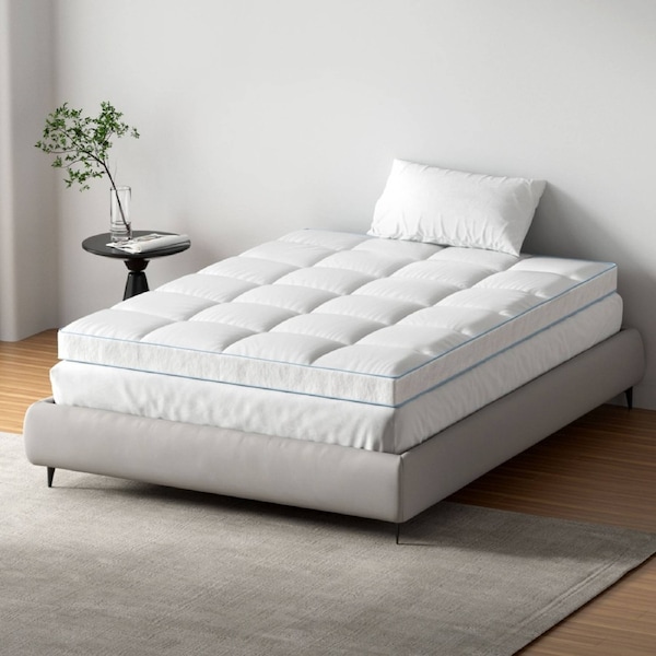 1500GSM Bamboo Pillowtop Mattress Topper 10cm Thick Pad for Back Pain Relief, High Loft Cooling Underlay for Dorm & Guest Bed, 45cm Deep Pocket Double