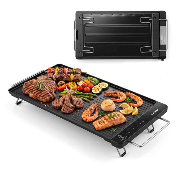 Costway Electric Grill w/Removable Touch Panel 1300W Griddle Dishwasher Safe Waterproof Nonstick Plate Foldable Leg