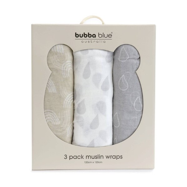 3pc Bubba Blue Cotton/Bamboo Baby Muslin Wraps Nordic Collection 120cmx120cm