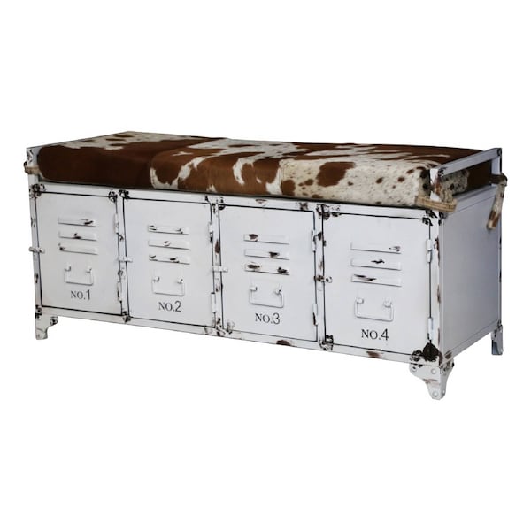 Cowhide Metal Locker Storage Iron Trunk Bench