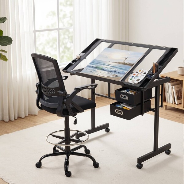 Artiss Drawing Table with Ergonomic Office Chair Glass Desktop Drawers for Artwork Painting Studio