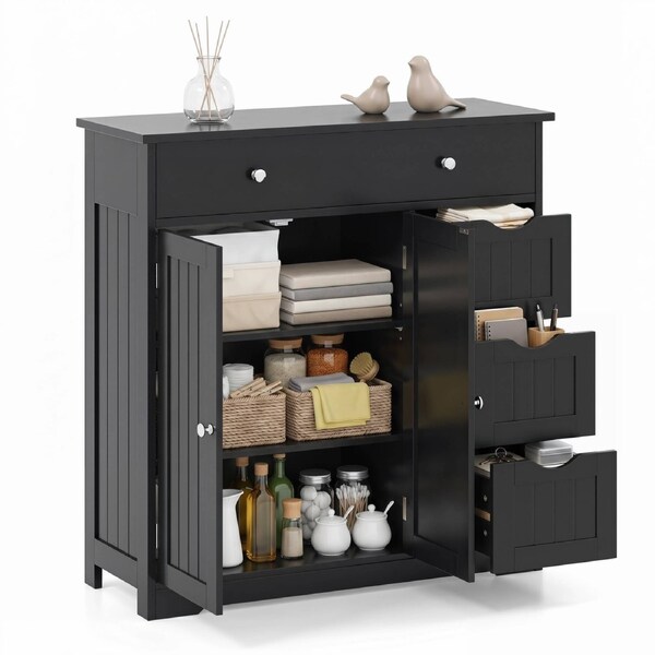 Giantex Bathroom Floor Storage Cabinet 4-Drawer Modern Cupboard 2-Door Sideboard Adjustable Organizer Entryway Black