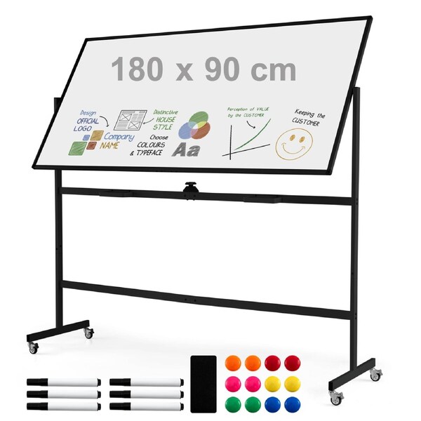 Giantex Rolling Whiteboard 180x90cm Double-Sided White Board w/Stand Wheels Aluminum Alloy Frame Eraser 6 Markers Black