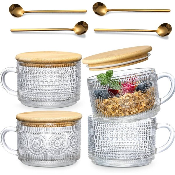 4pcs Set Vintage Coffee Mugs gifts for women, Overnight Oats Containers with Spoons - 14oz Clear Embossed Glass Cups