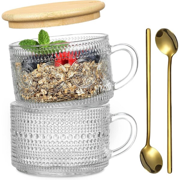 2pcs Set Vintage Coffee Mugs gifts for women, Overnight Oats Containers with Spoons - 14oz Clear Embossed Glass Cups