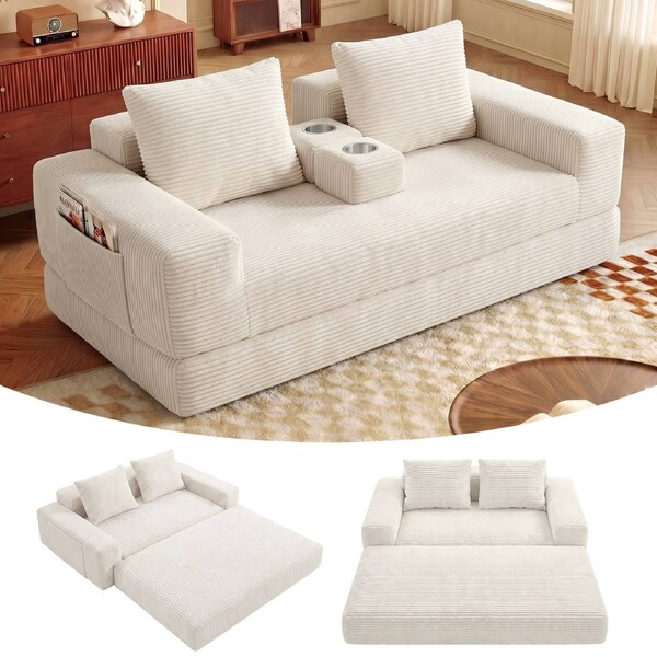 Advwin 2 Seater Folding Sofa Bed 2-in-1 Convertible Floor Loveseat Sofa Corduroy Fold Out Sleeper Couch w/ 2 Cup Holder & Side Pocket Beige