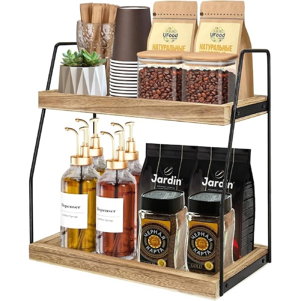 CARLA HOME 2-Tier Wooden Coffee Station Rack Organizer for Coffee Bar, Condiments, Syrups, Storage Jars & Spice Storage Shelf