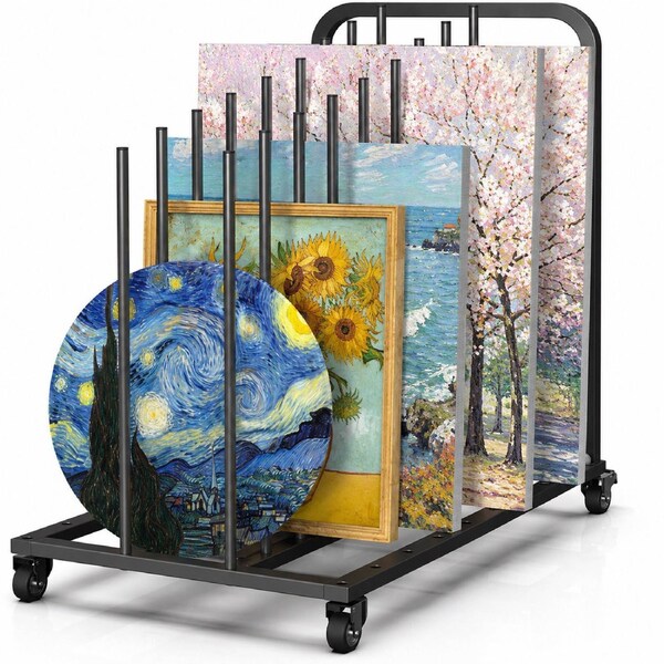Rolling Art Storage Rack with Wheels Metal Canvas Storage Organizer for Paintings Frames Boards Artwork Studio Gallery Black