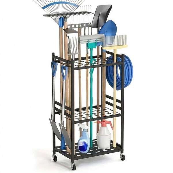 35-Slot Garden Tool Organizer Rack with Wheels & Hooks Heavy Duty Metal Storage Holder for Shovels Rakes Brooms Garage Shed Backyard