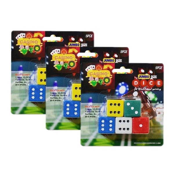 Deal365 3x Assorted Jumbo Dice 5 Pcs Each SIze 2.3cm Classic Dice Games