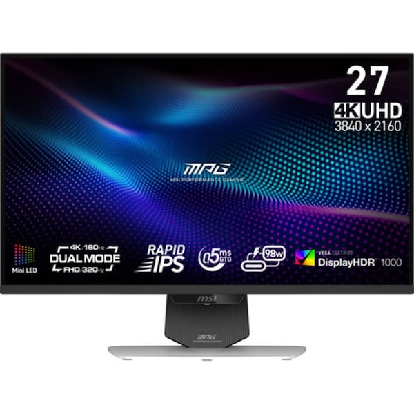 MPG 274URDFW E16M 27inch 320Hz 4K UHD Rapid IPS Gaming Monitor, White, 3840x2160, 16:9, 1000:1 Contrast, 400 Nits, 1x DP 1.4a (HBR3), 2x HDMI 2.1, 1x USB-C (DP Alt Mode/98W PD), Adaptive Sync