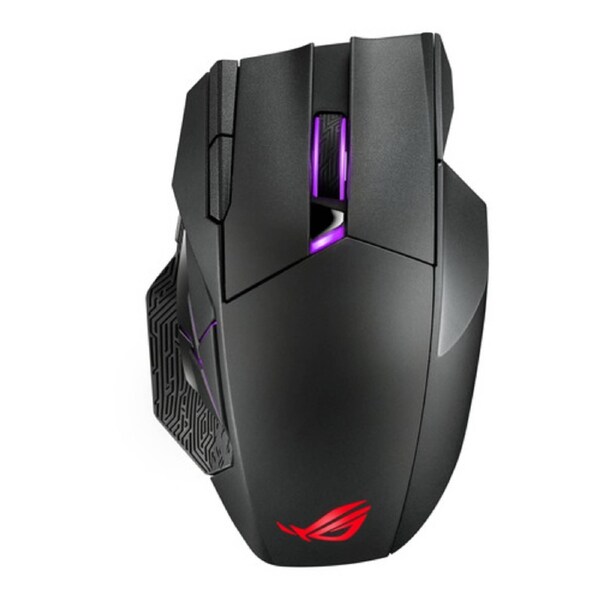 ASUS Wireless gaming mouse dual-mode connectivity 12 programmable buttons ROG 19 000 dpi sensor Exclusive Push-Fit Switch Sockets ROG Micro Switches ROG Paracord and Aura Sync RGB lighting 2 year warr