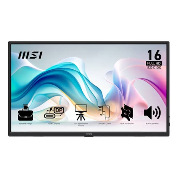 MSI Pro MP165 E6 16" Class Full HD LCD Monitor - 16:9 - Matte Black - 15.6" Viewable - In-plane Switching (IPS) Technology - 1920 x 1080 - 16.7 Million Colours - Adaptive Sync - 250 cd/m2 - 4 ms