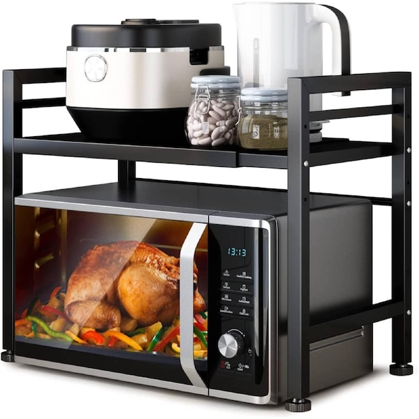 CARLA HOME 2-Tier Microwave Oven Rack with Adjustable Metal Kitchen Shelf Stand for Countertop Storage and 6 Hooks for Utensils (Black)