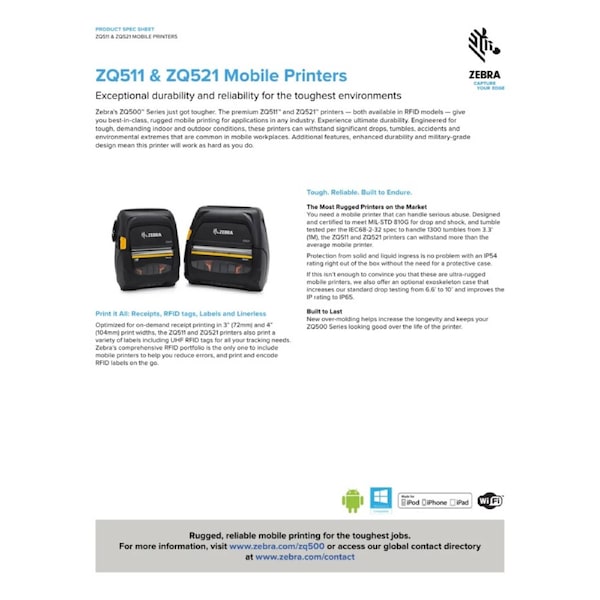 Zebra ZQ521 Mobile Direct Thermal Printer - Monochrome - Label/Receipt Print - Bluetooth - Wireless LAN - Near Field Communication (NFC) - Real Time Clock