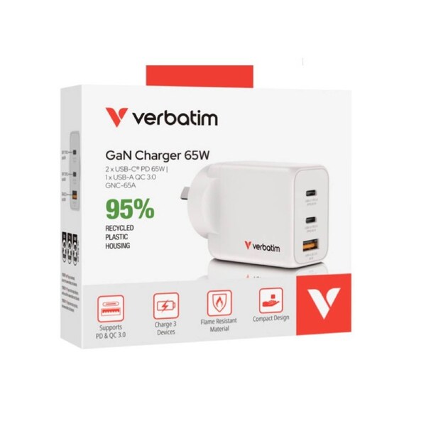 Verbatim 65 W AC Adapter - Universal Adapter - 1 USB - 2 USB Type-C - For Notebook, Tablet PC, Smartphone, Gaming Console - Australia - White