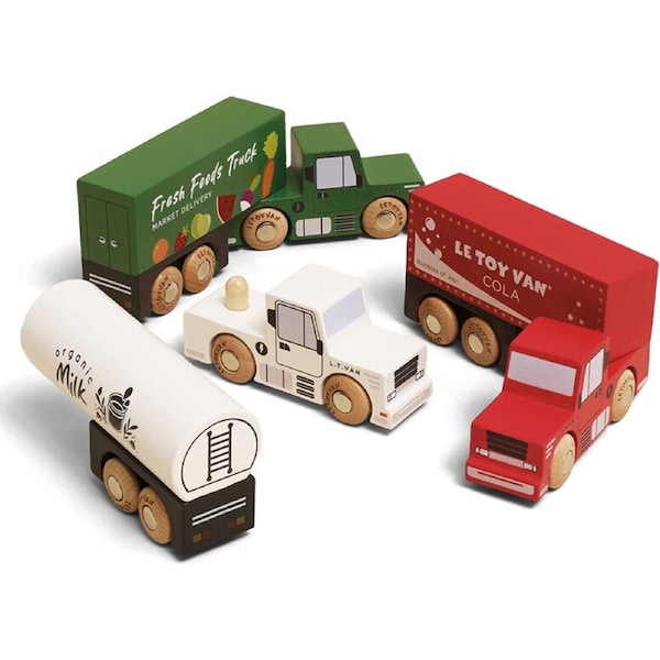 3pc Le Toy Van Wooden Trucks Set Removable Trailers Compatible Kids 3y+