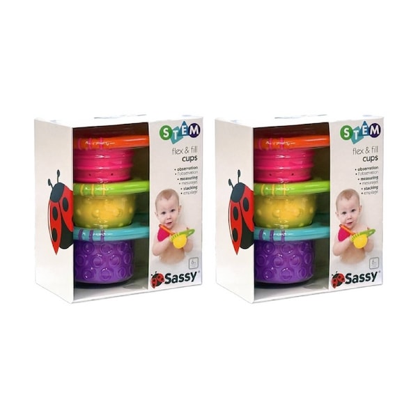 2PK Sassy Baby Flex & Fill Cups Soft Sensory Bath Toys Set 6 Months+ 13cm