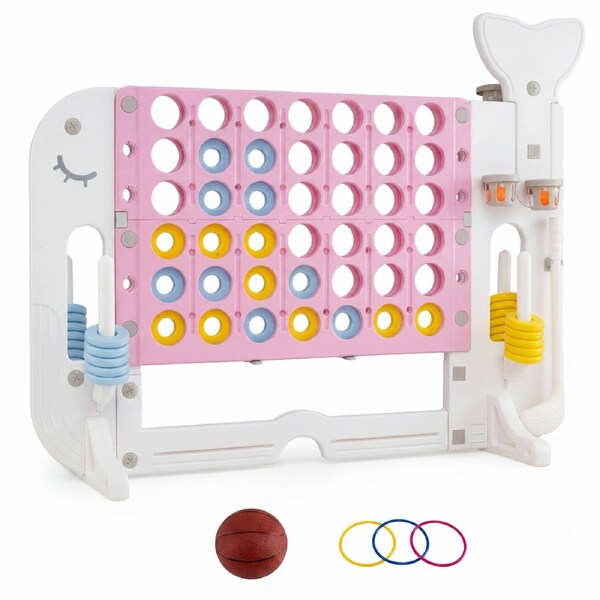 Babyjoy Giant Connect 4 In A Row Jumbo 4-to-Score Game Set w/Ring Toss Basketball Hoop Golf Club Balls 2 Cup Holders Pink