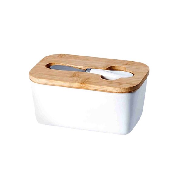 Ceramic Butter Dish Box Storage Tray Container Bamboo Lid Butter Cutter