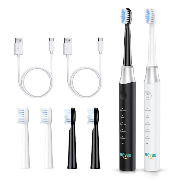 eeVee Sonic Electric Toothbrush Y07 Twin Pack (1 Black + 1 White) - 2 Pack Rechargeable Toothbrush