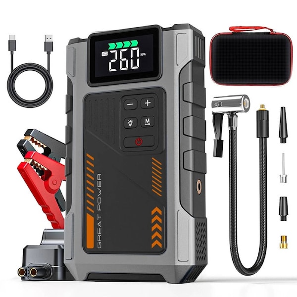 6000A Car Jump Starter Power Bank With Air Compressor Battery Booster + Case
