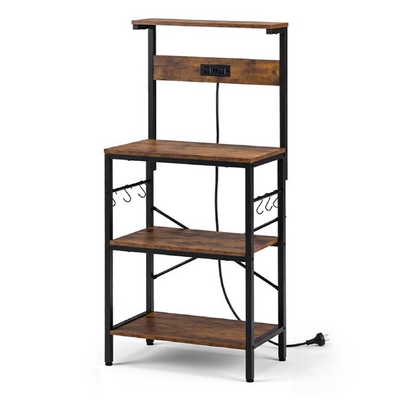 Kitchen Bakers Rack w/ Power Outlet Multi-Purpose Shelf Microwave Stand Table Coffee Bar Table Brown