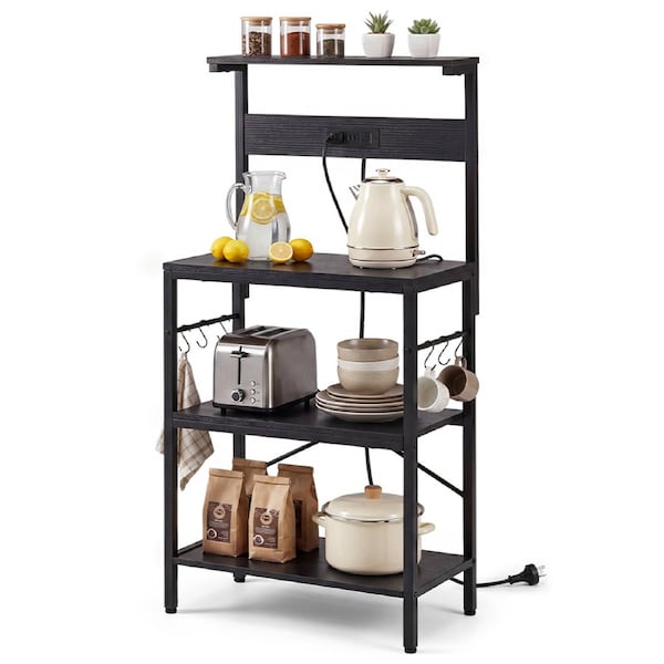 Kitchen Bakers Rack w/ Power Outlet Multi-Purpose Shelf Microwave Stand Table Coffee Bar Table Black