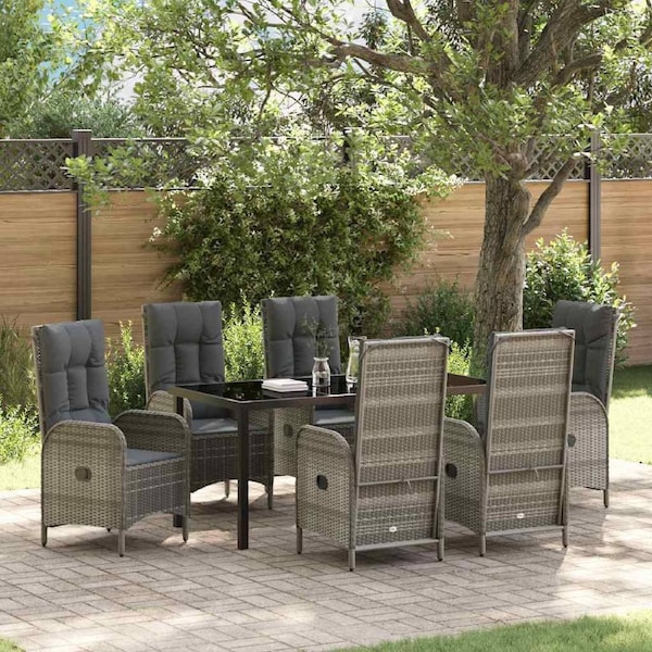 Garden Dining Set with Cushion 7 pcs Grey Poly Rattan vidaXL