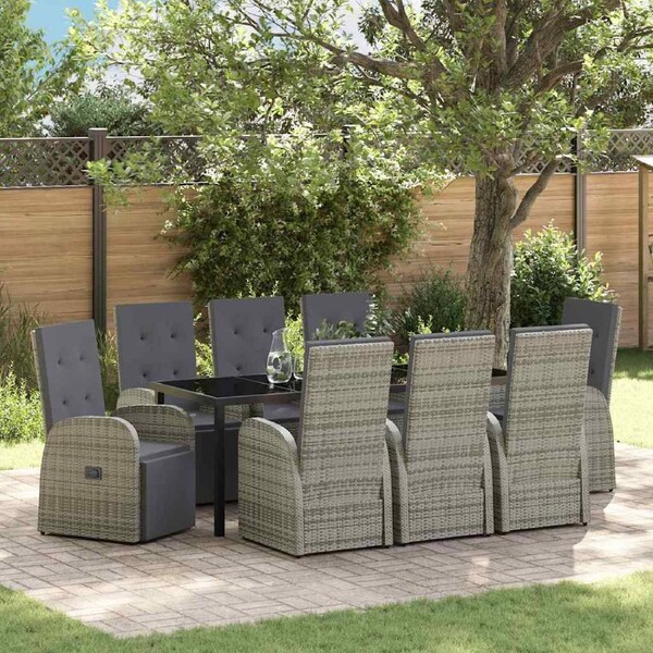 Garden Dining Set with Cushion 9 pcs Grey Poly Rattan vidaXL