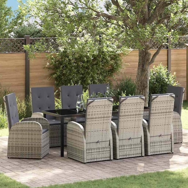 Garden Dining Set with Cushion 9 pcs Grey Poly Rattan vidaXL