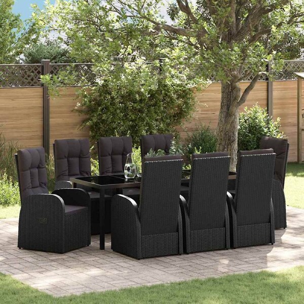 Garden Dining Set with Cushion 9 pcs Black Poly Rattan vidaXL