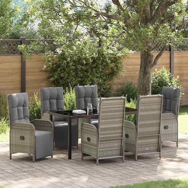 Garden Dining Set with Cushion 7 pcs Grey Poly Rattan vidaXL