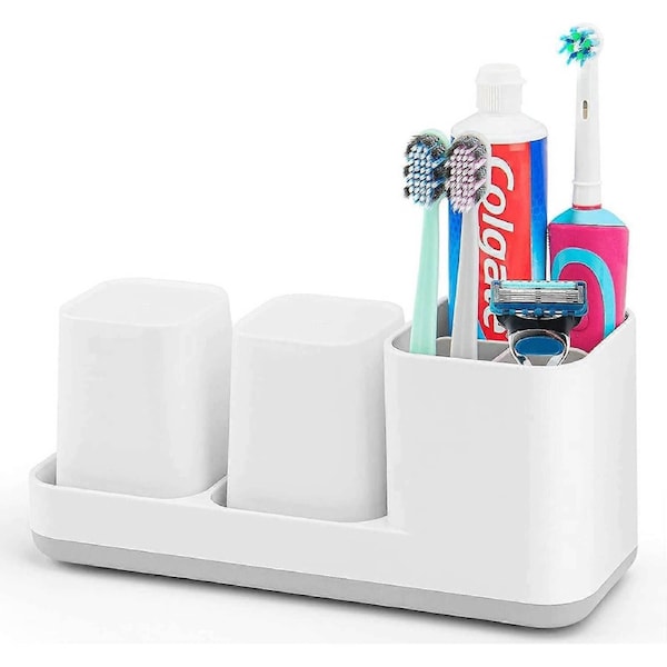 Toothbrush Holder, Toothbrush Holder For Toothbrush And Toothpaste, Tooth Cups, 2 Bathroom Tooth Cups, Plastic, White